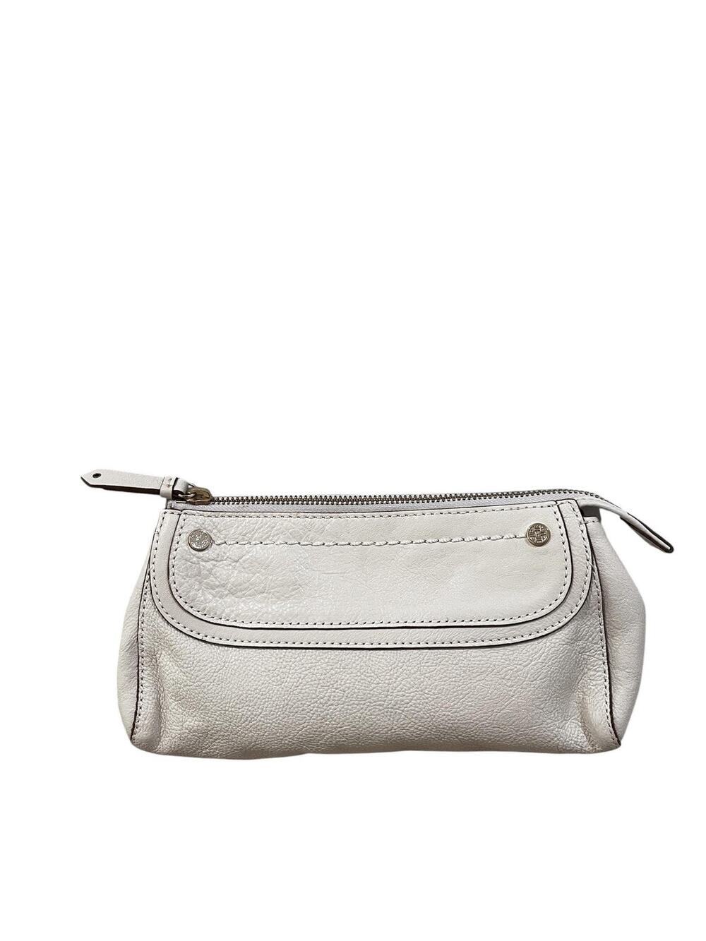 Cole Haan Large Cosmetic Makeup Bag Clutch Sandshell Beige Leather Zip Pouch NWT